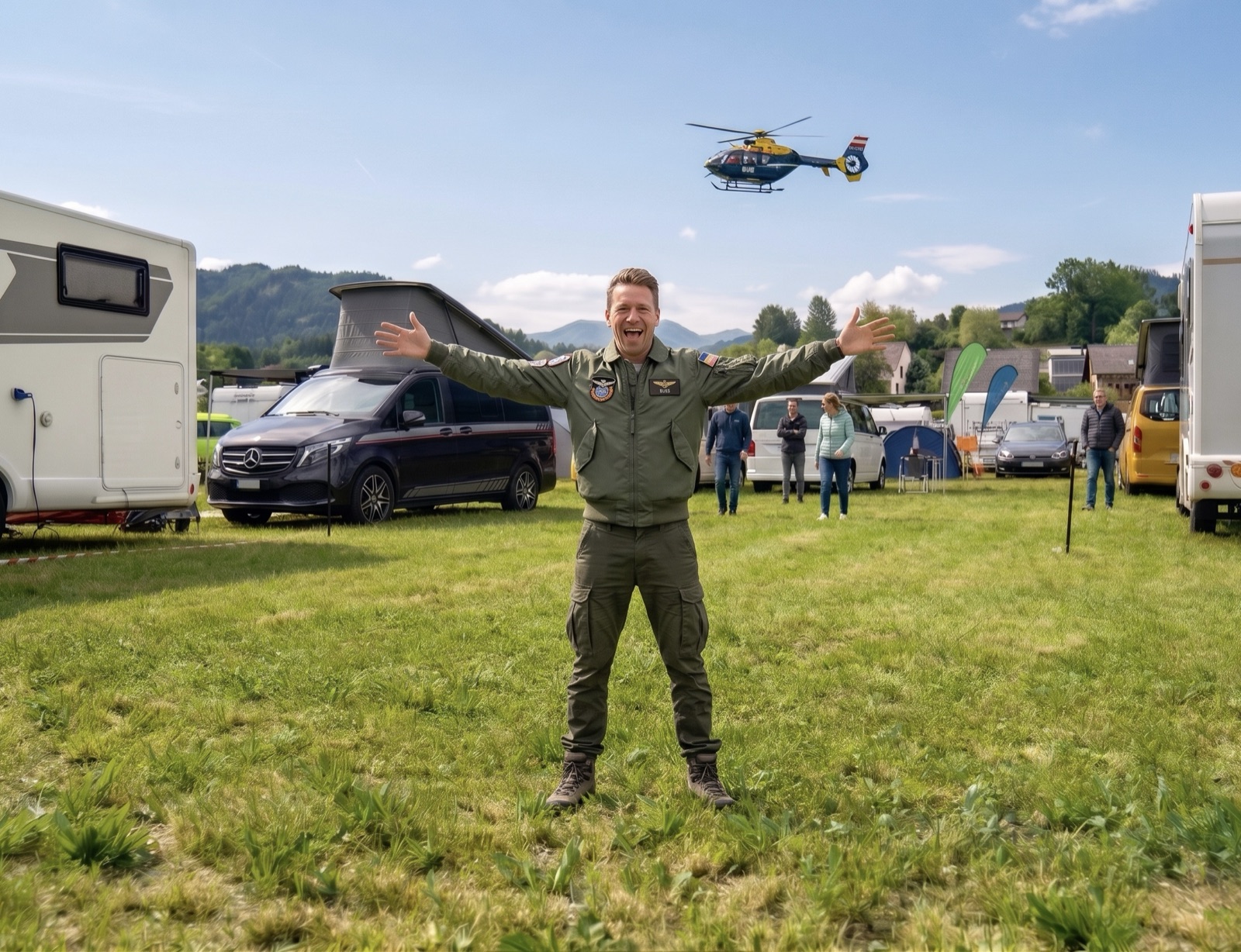 Gast in Piloten-Montur am Campingplatz — AirPower Camping bei Zeltweg