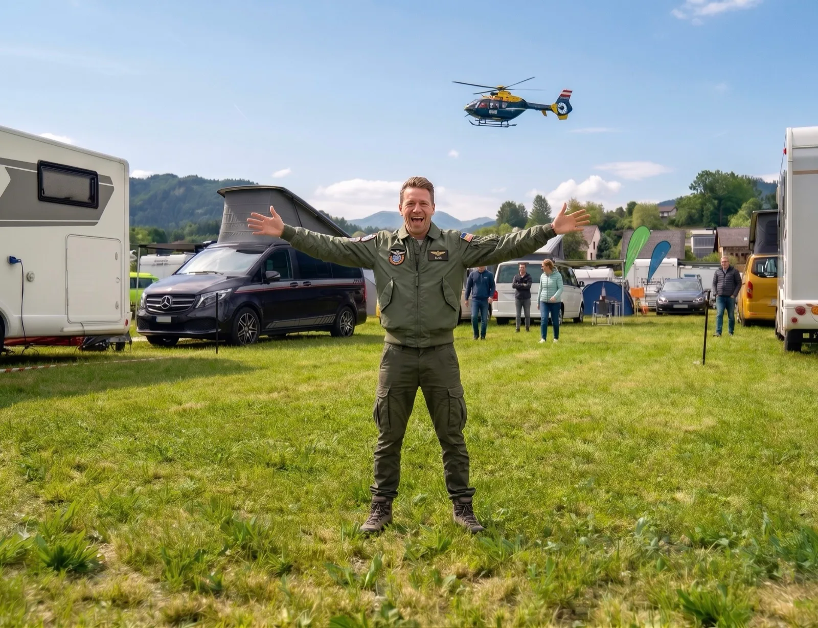 Gast in Piloten-Montur am Campingplatz — AirPower Camping bei Zeltweg