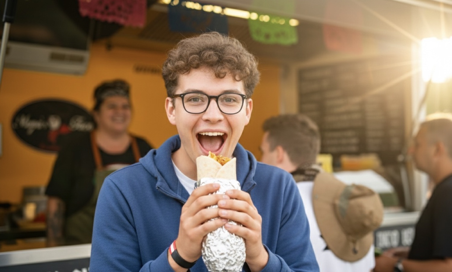 Gast mit frischem Wrap bei MAMAS TACOS — Foodtruck am Campingplatz Red Bull Ring