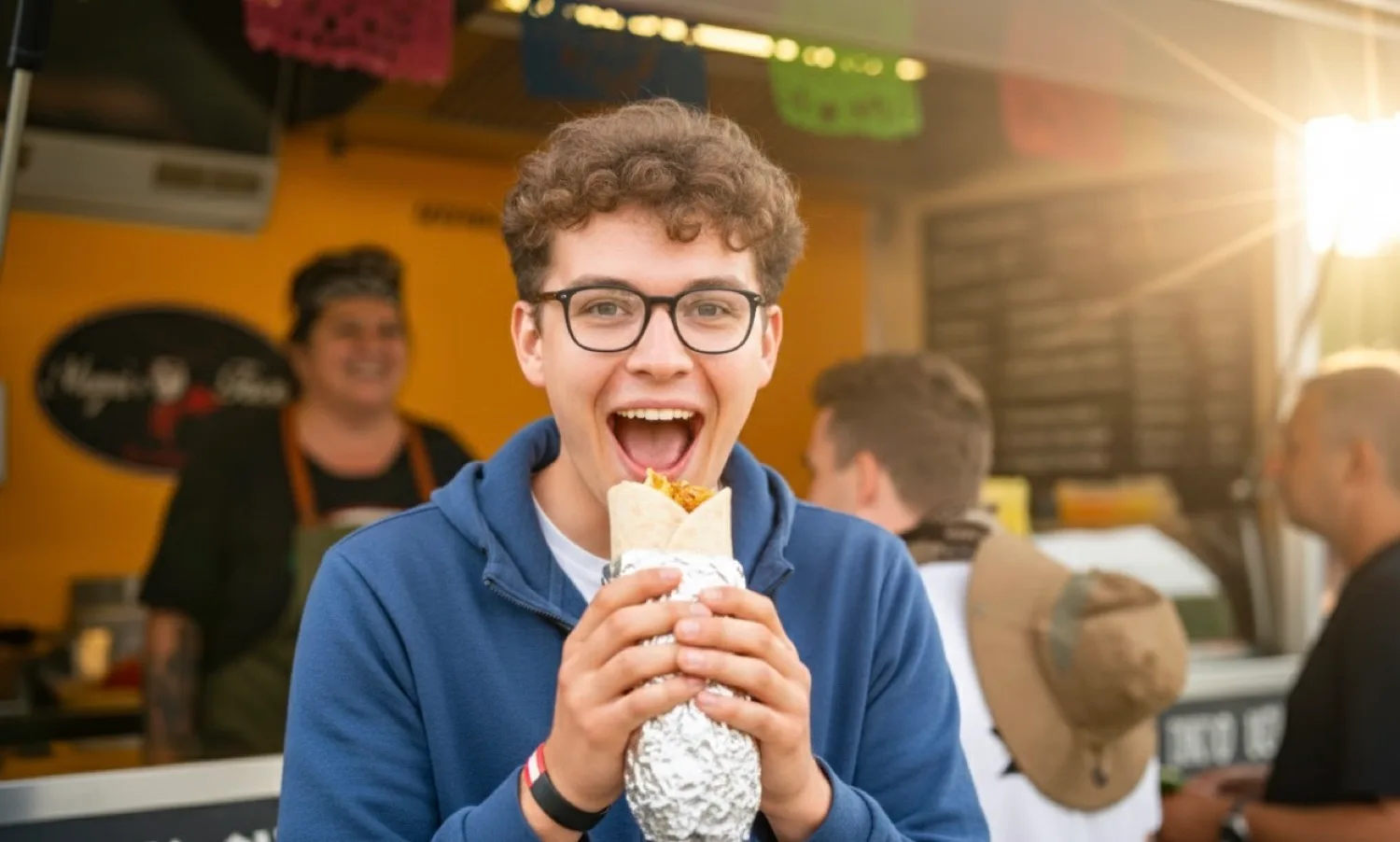 Gast mit frischem Wrap bei MAMAS TACOS — Foodtruck am Campingplatz Red Bull Ring